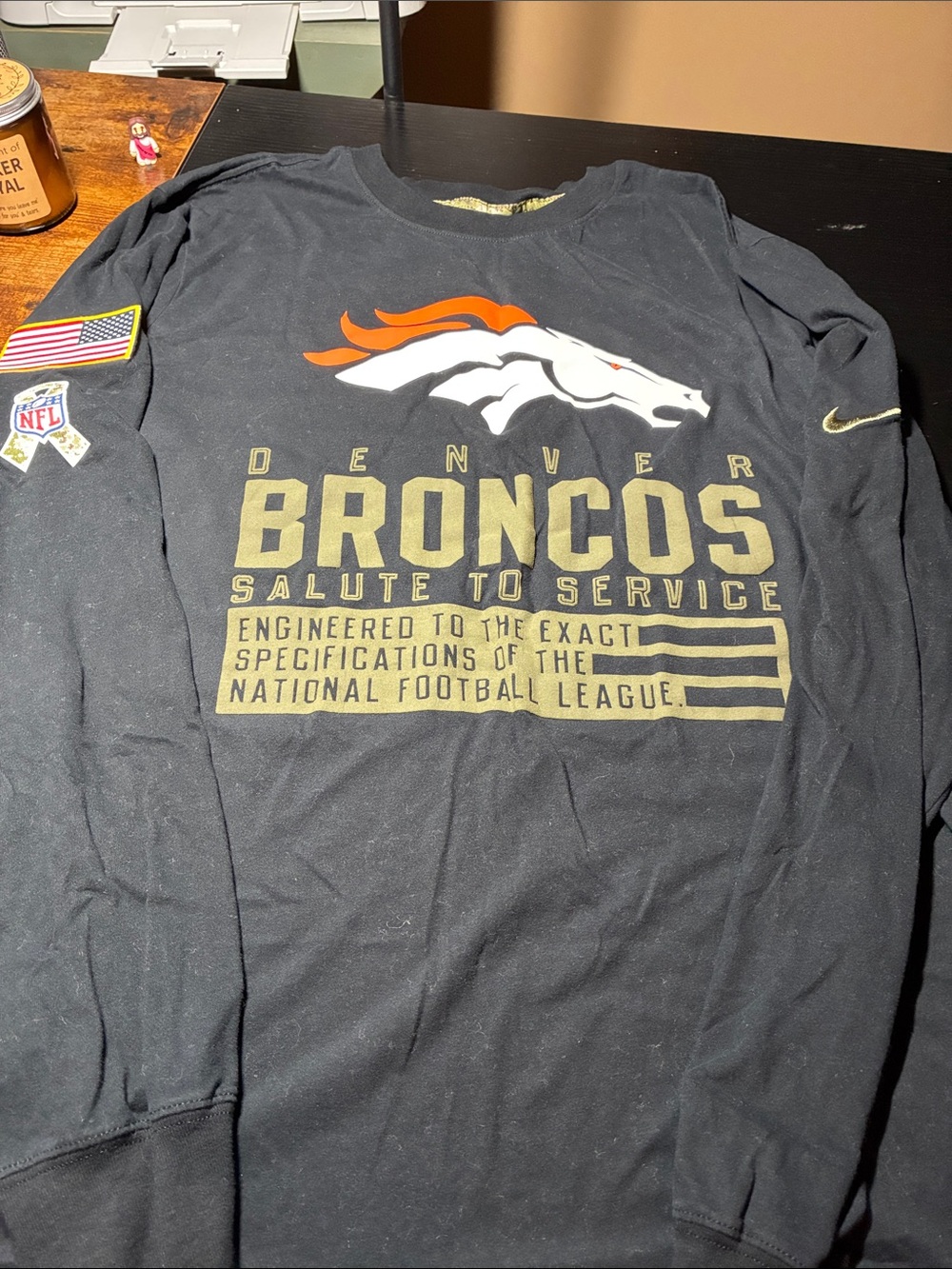 Nike Denver Broncos Black Long-Sleeve Salute to Service Shirt with Orange Logo